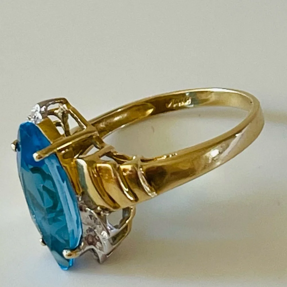 14K Yellow Gold Marquise Blue Topaz Diamond Anniversary Cocktail Statement Sz 7